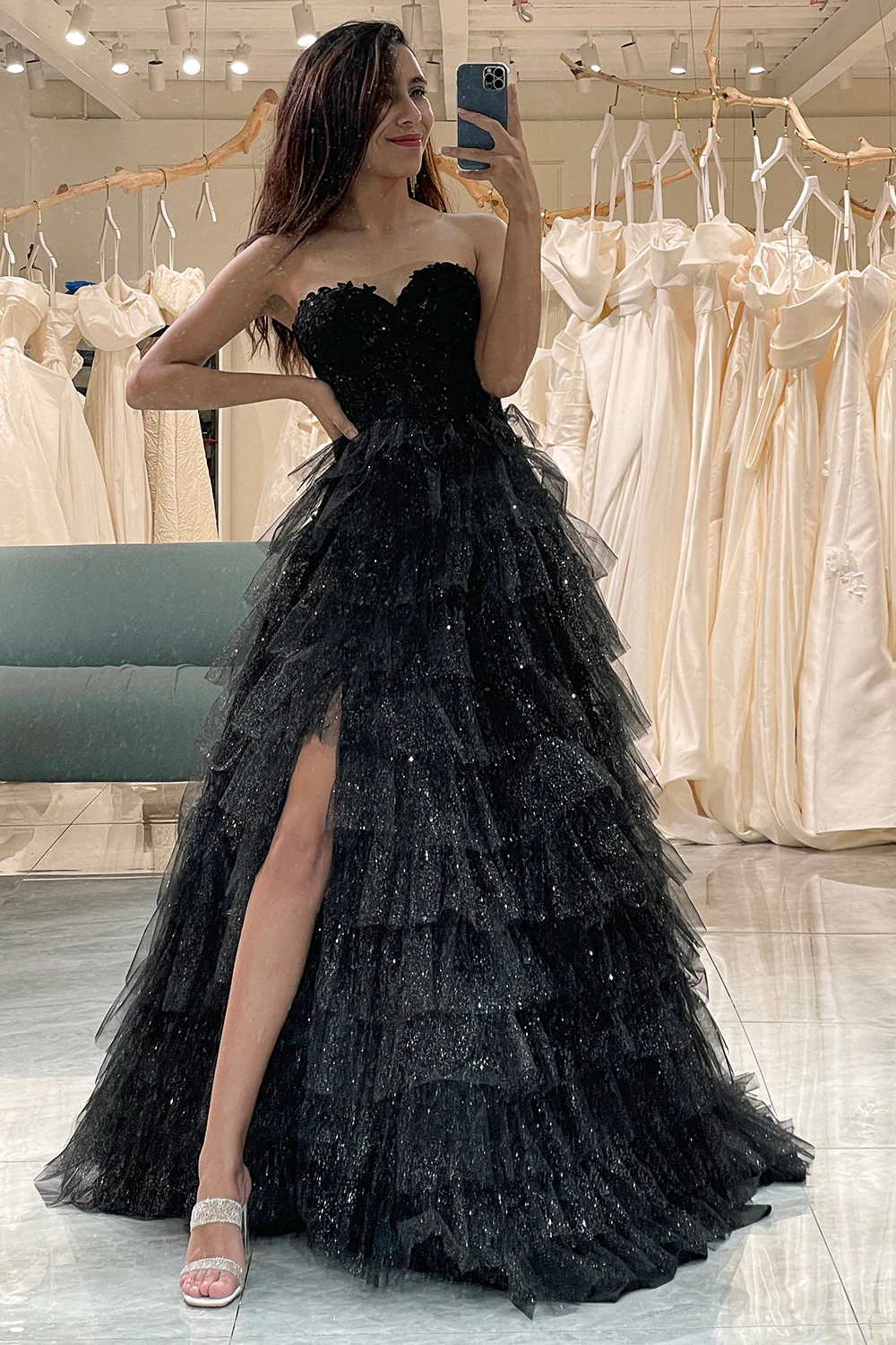 Trendy A Line Sweetheart Black Corset Prom Dress with Ruffles - Image 7