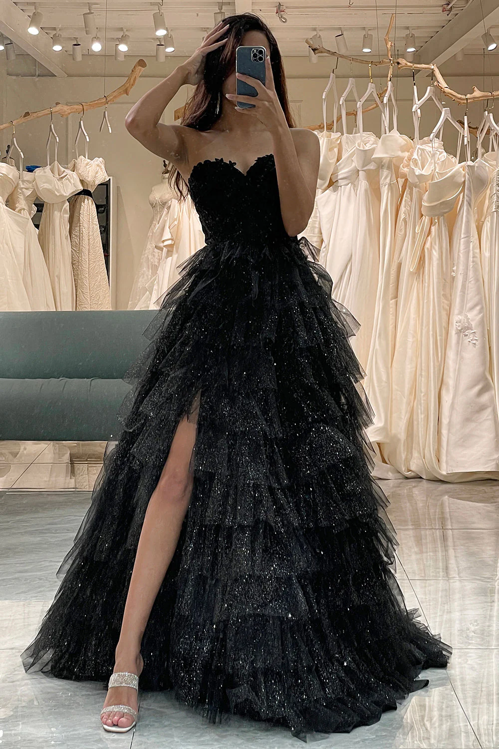 Trendy A Line Sweetheart Black Corset Prom Dress with Ruffles - Image 8