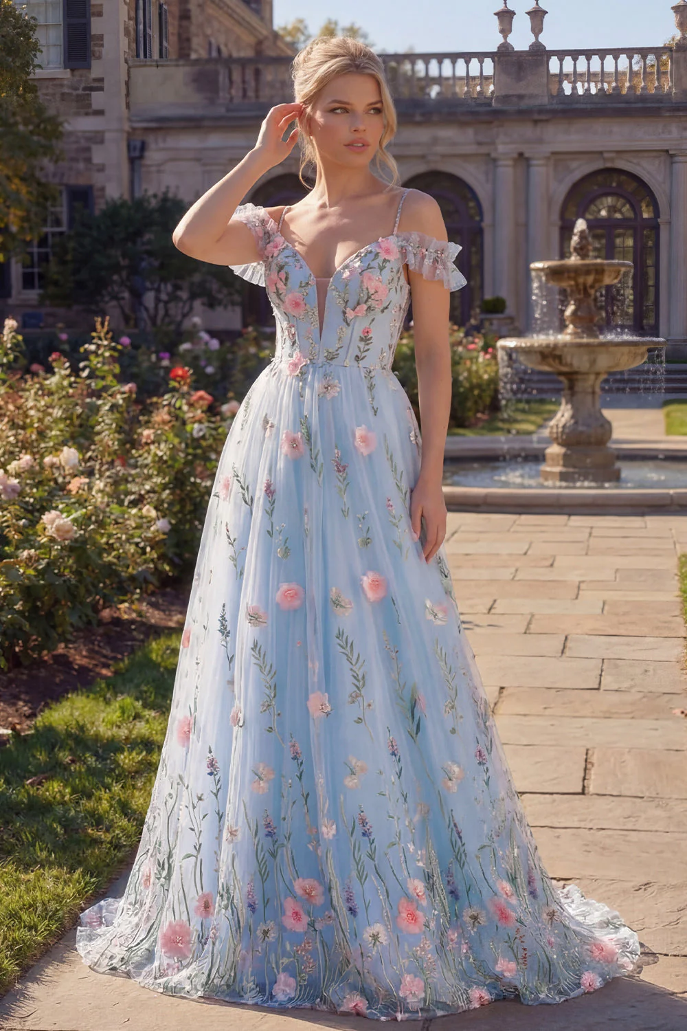 Blue Tulle A-Line Cold Shoulder Floral Corset Long Prom Dress with 3D Flowers
