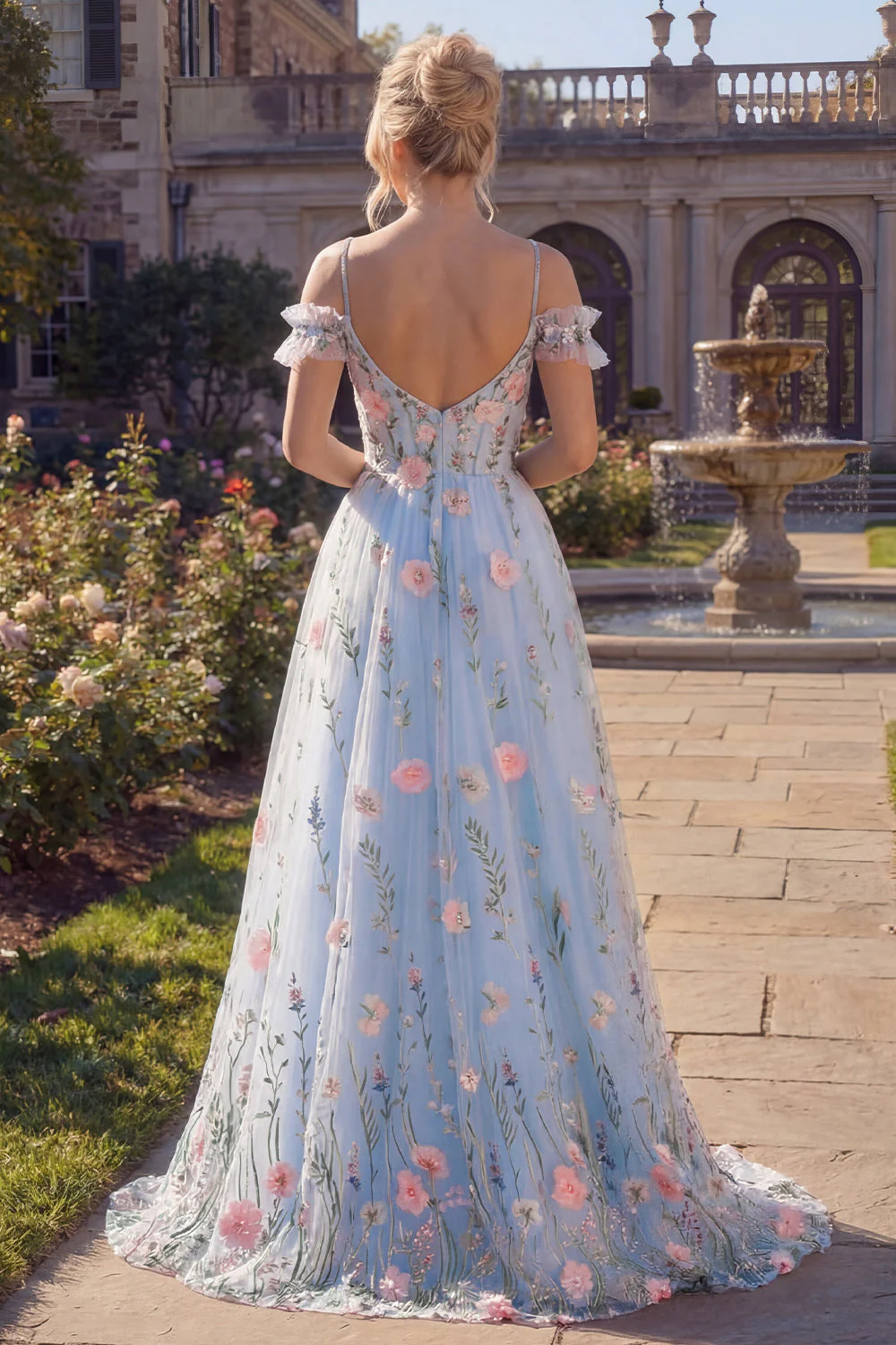 Blue Tulle A-Line Cold Shoulder Floral Corset Long Prom Dress with 3D Flowers - Image 2