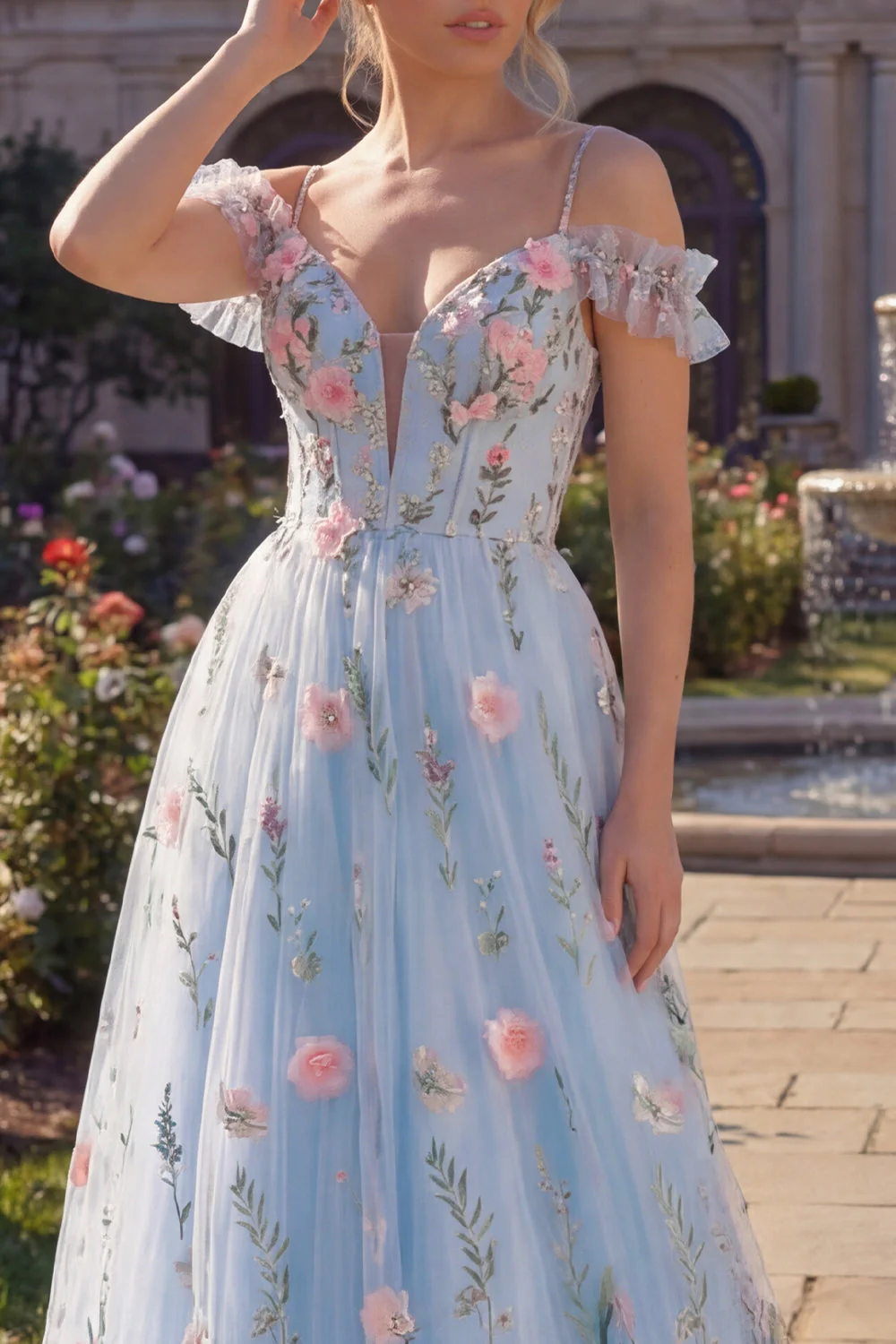 Blue Tulle A-Line Cold Shoulder Floral Corset Long Prom Dress with 3D Flowers - Image 3