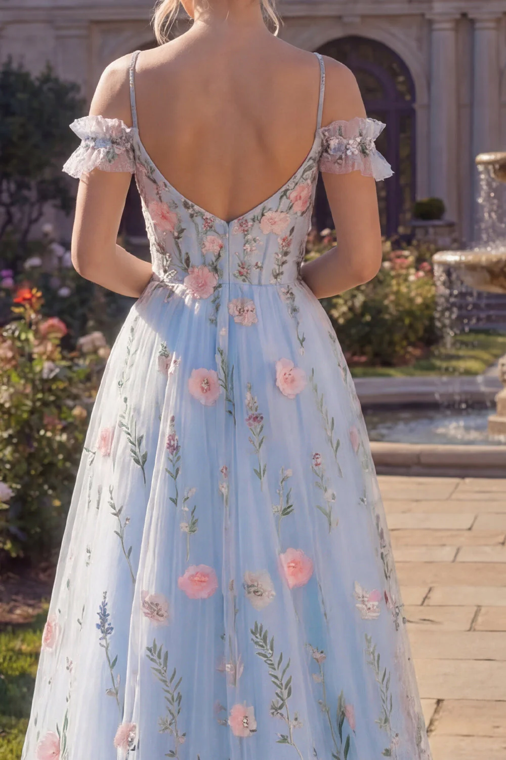 Blue Tulle A-Line Cold Shoulder Floral Corset Long Prom Dress with 3D Flowers - Image 4