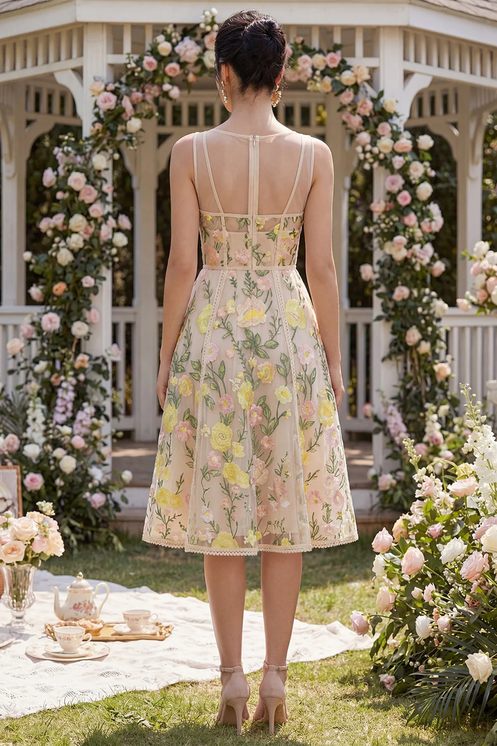 Tulle A-Line Champagne Embroidered V-Neck Corset Midi Floral Dress - Image 2