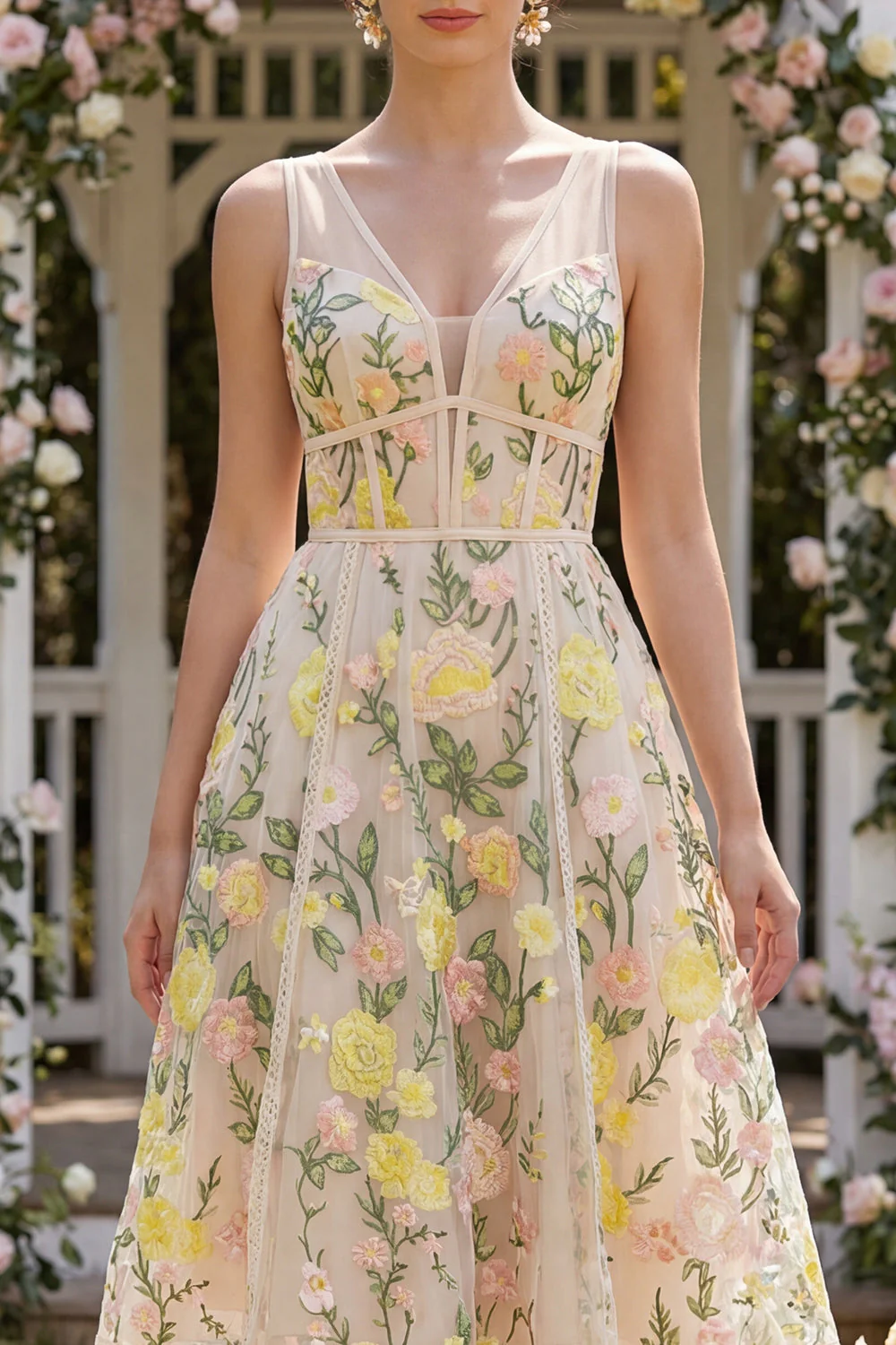 Tulle A-Line Champagne Embroidered V-Neck Corset Midi Floral Dress - Image 3