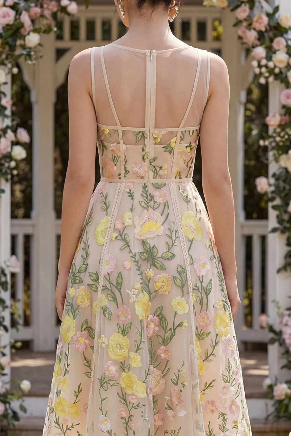 Tulle A-Line Champagne Embroidered V-Neck Corset Midi Floral Dress - Image 4