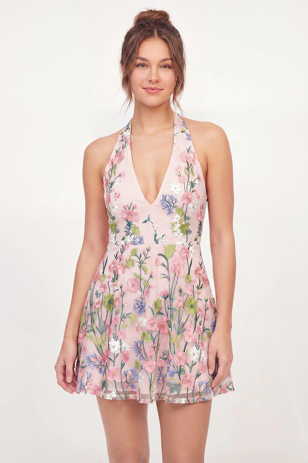 Pink A-Line Halter Neck Embroidered Mini Graduation Dress
