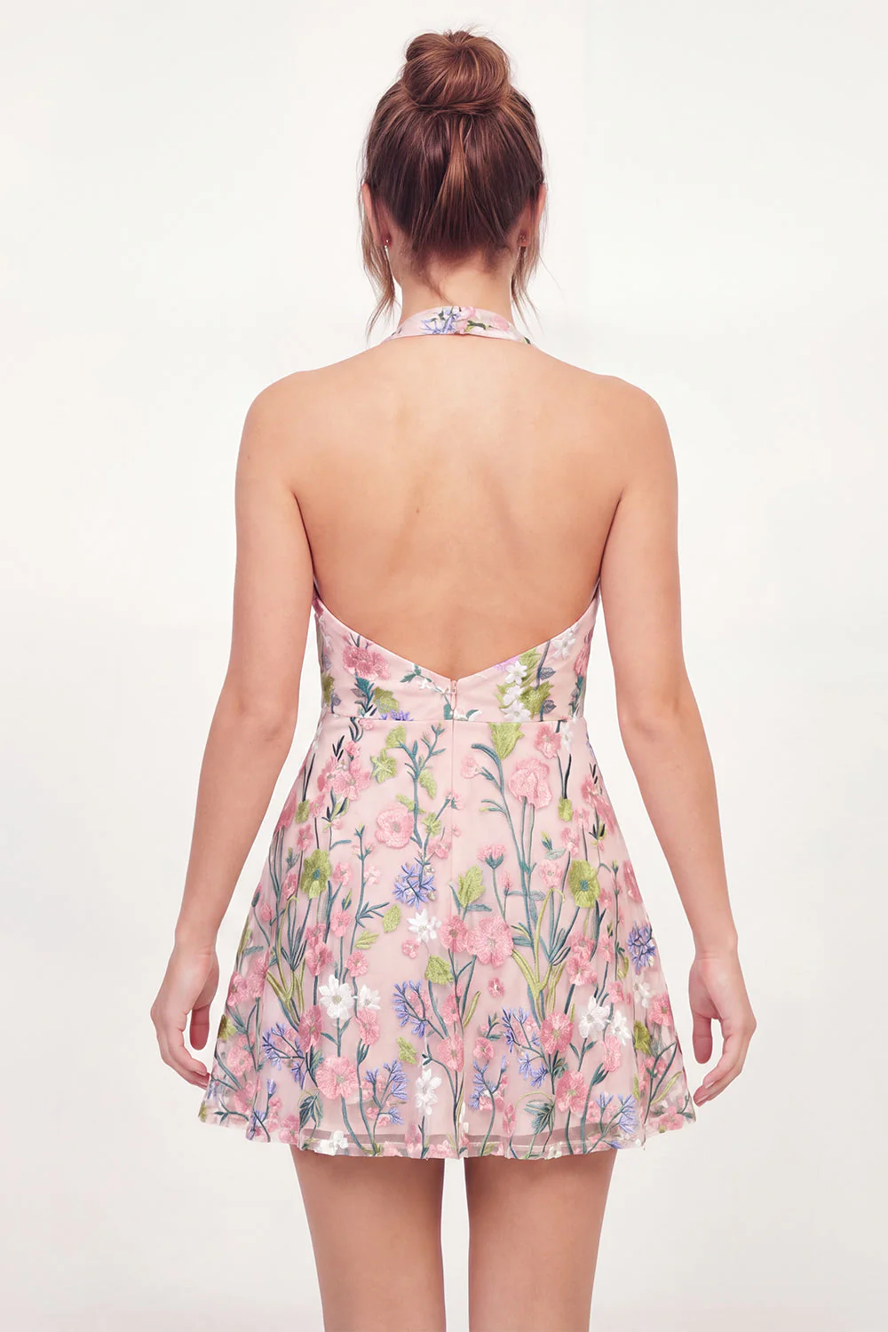 Pink A-Line Halter Neck Embroidered Mini Graduation Dress - Image 2