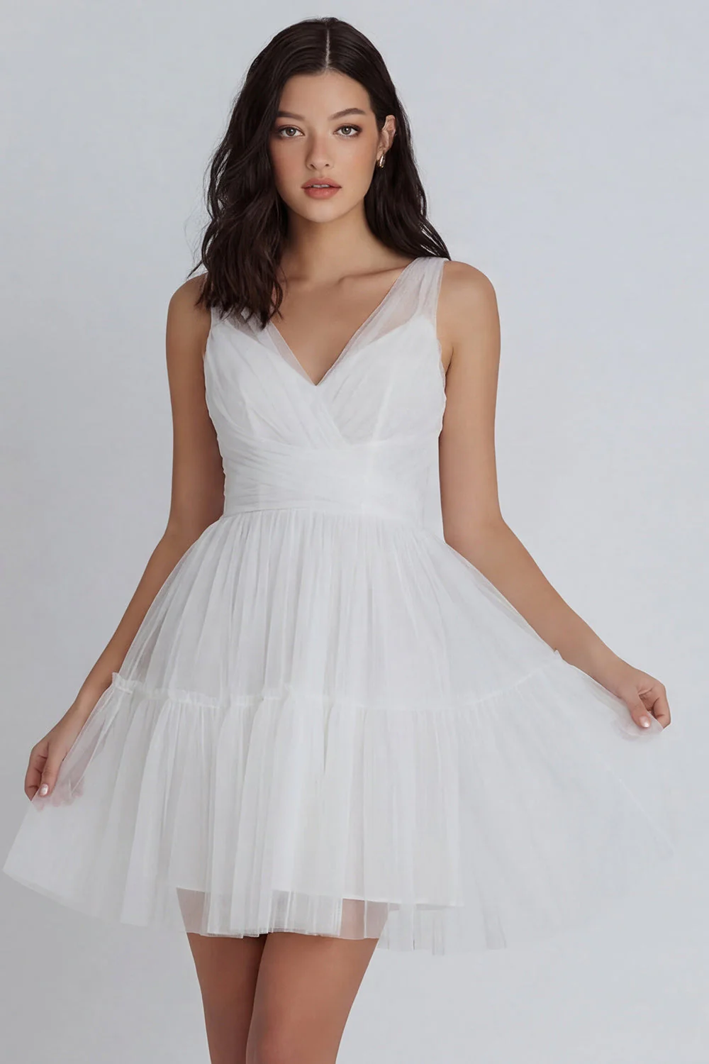 Tulle A-Line Ivory V-Neck Ruched Graduation Dress