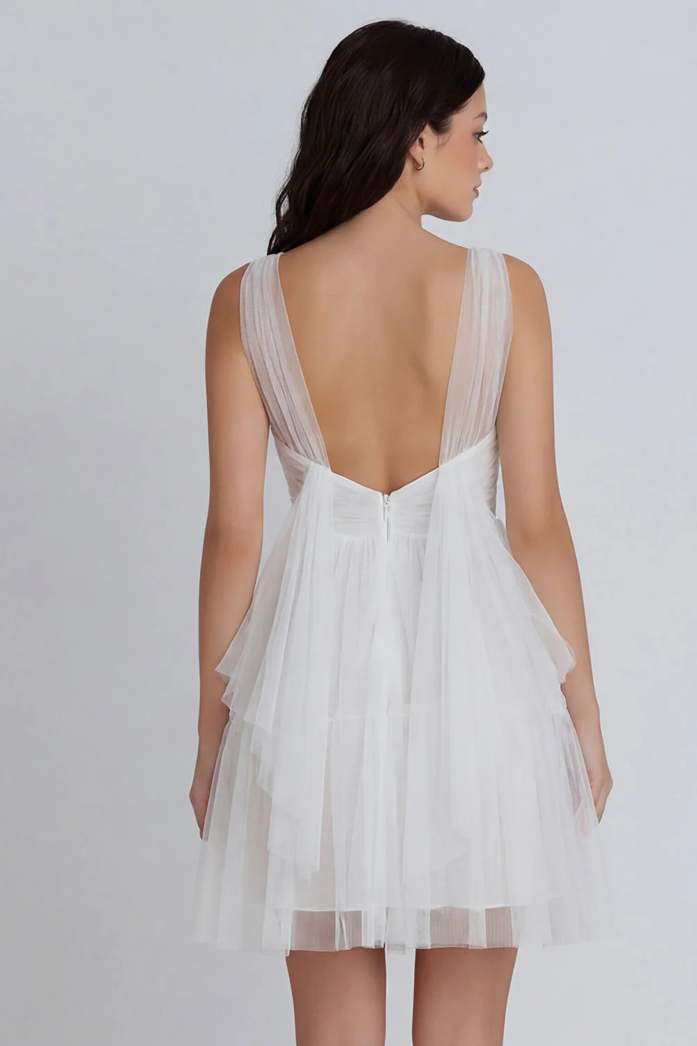 Tulle A-Line Ivory V-Neck Ruched Graduation Dress - Image 2
