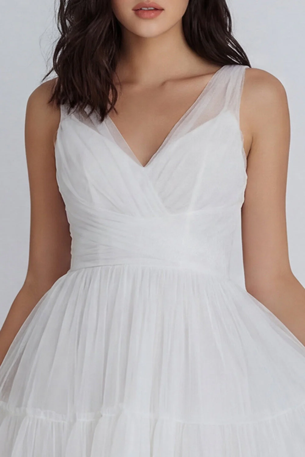 Tulle A-Line Ivory V-Neck Ruched Graduation Dress - Image 3