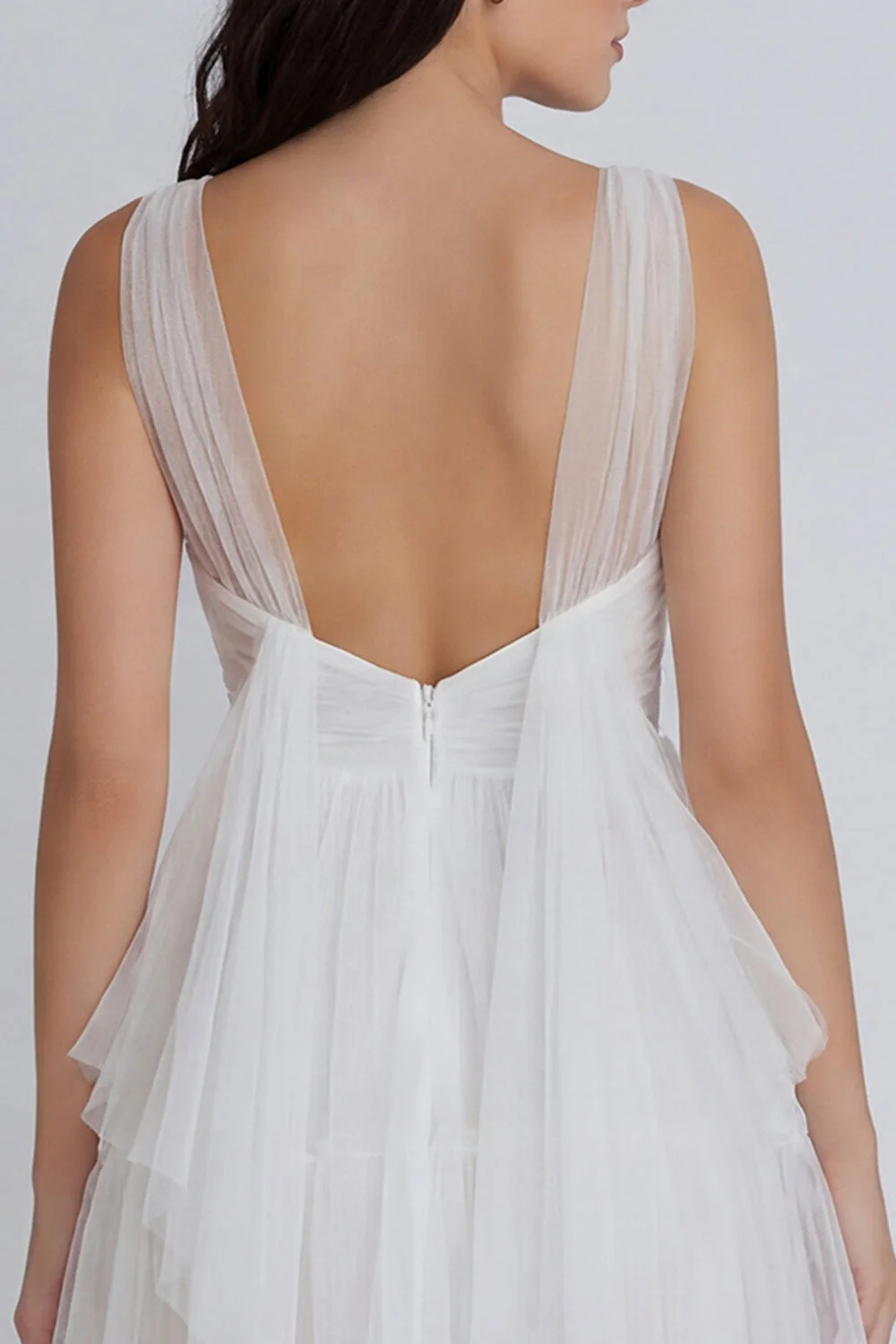 Tulle A-Line Ivory V-Neck Ruched Graduation Dress - Image 4