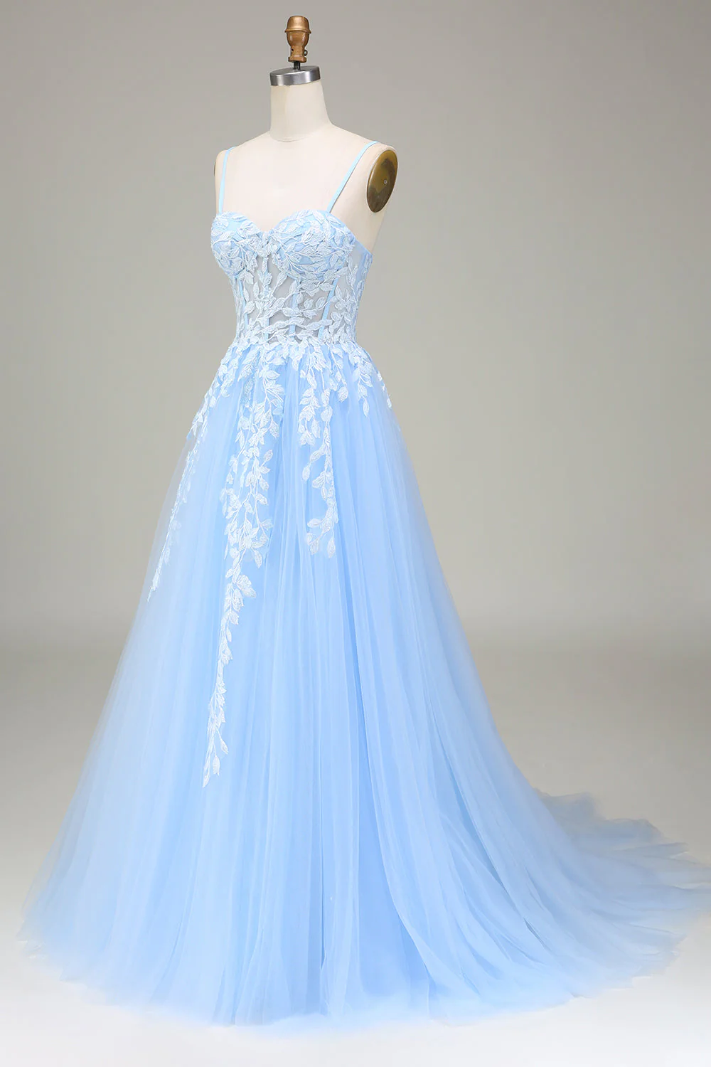 Tulle A-Line Spaghetti Straps Sky Blue Prom Dress with Appliques - Image 3