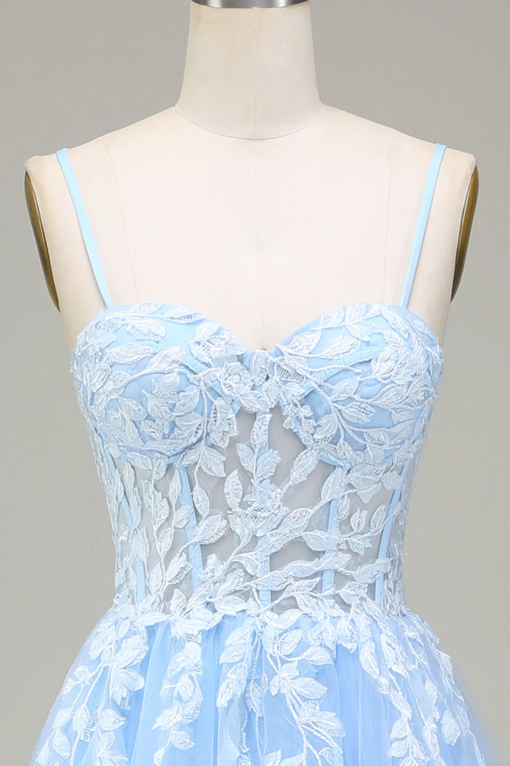 Tulle A-Line Spaghetti Straps Sky Blue Prom Dress with Appliques - Image 4