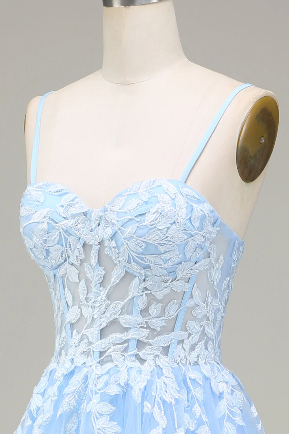 Tulle A-Line Spaghetti Straps Sky Blue Prom Dress with Appliques - Image 6
