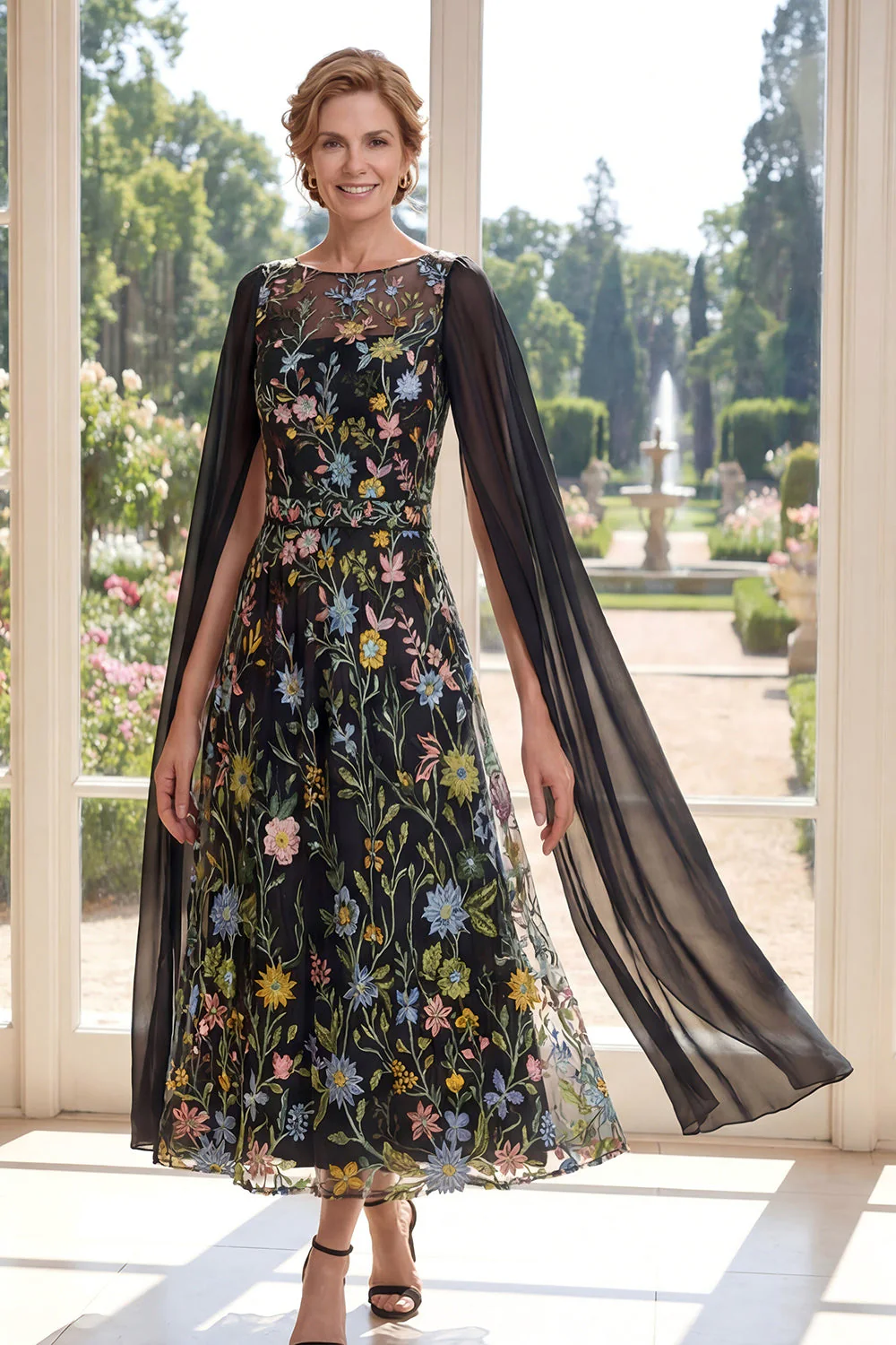Black A-Line Embroidered Long Mother Of the Bride Dress with Cape Sleeves