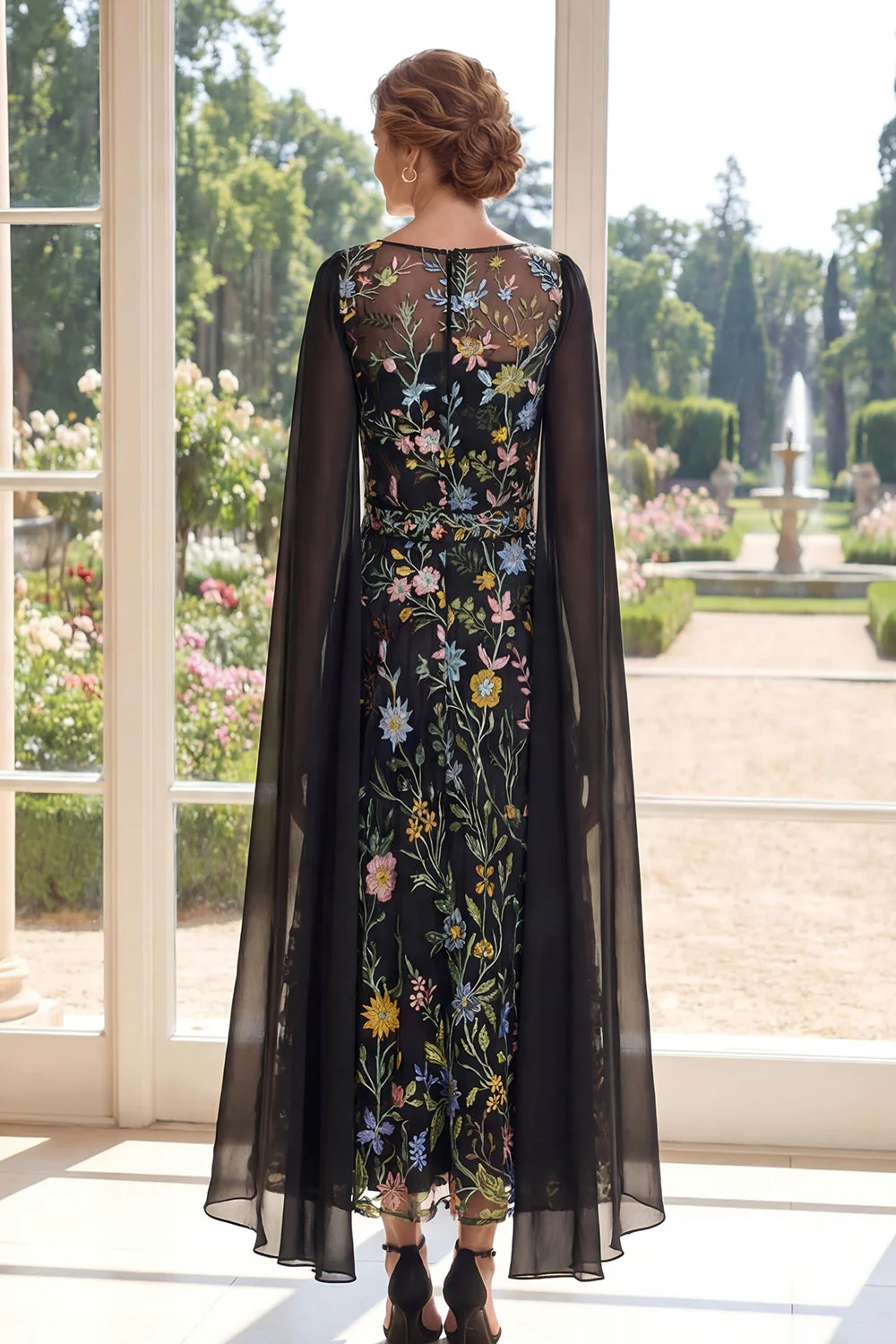 Black A-Line Embroidered Long Mother Of the Bride Dress with Cape Sleeves - Image 2