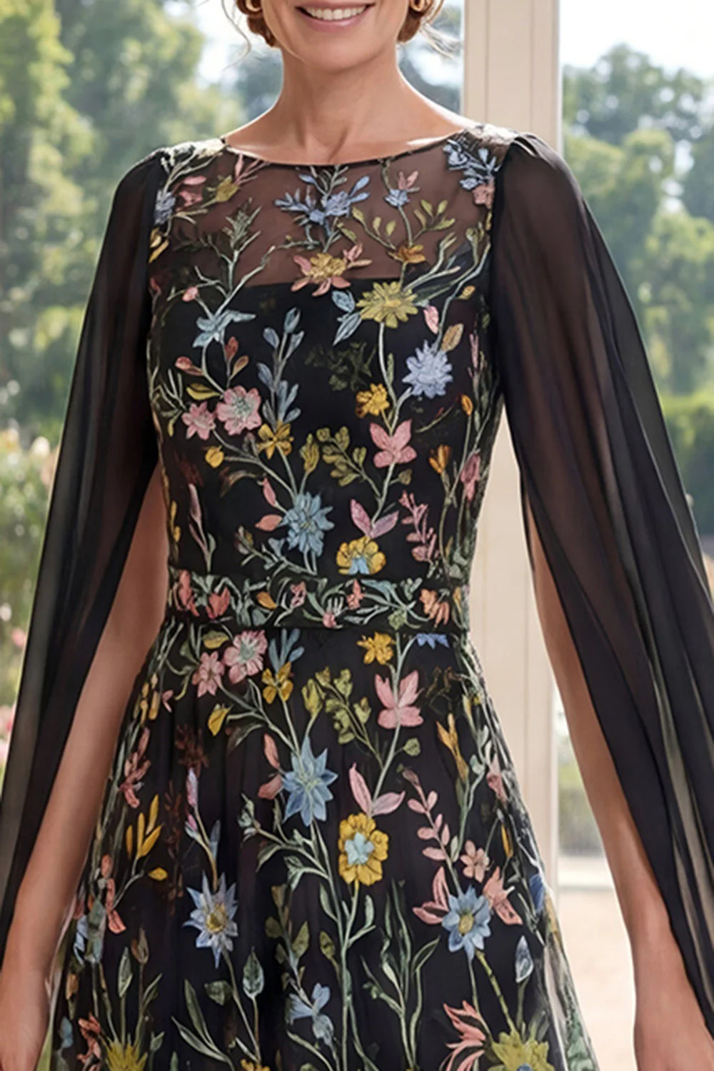 Black A-Line Embroidered Long Mother Of the Bride Dress with Cape Sleeves - Image 3