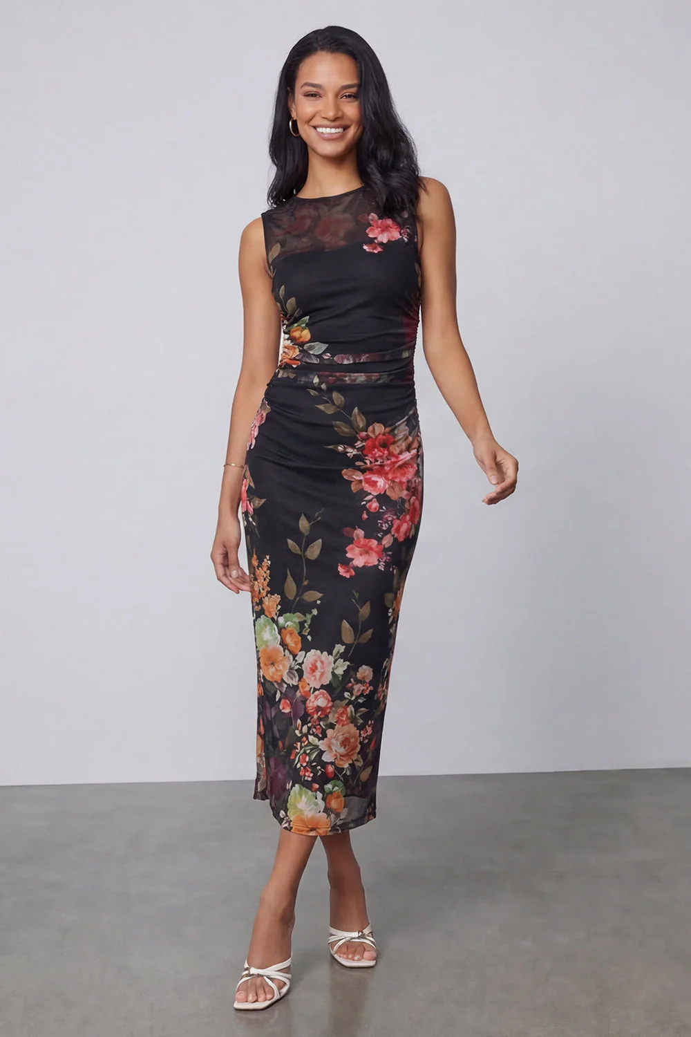 Black Sheath Printed Ruched Midi Floral Dress