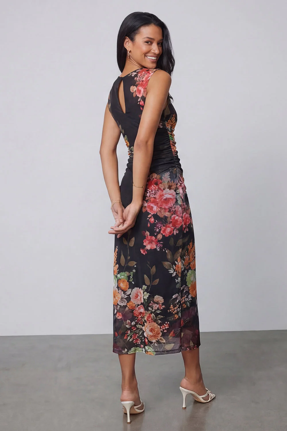 Black Sheath Printed Ruched Midi Floral Dress - Image 3