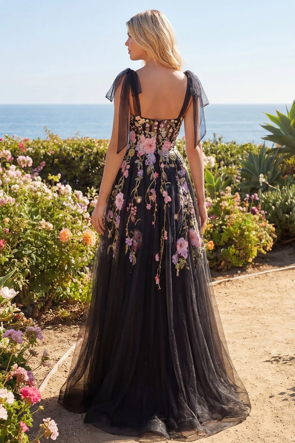 Black Pink Flower Tulle A-Line Embroidered Long Prom Dress with Slit - Image 2