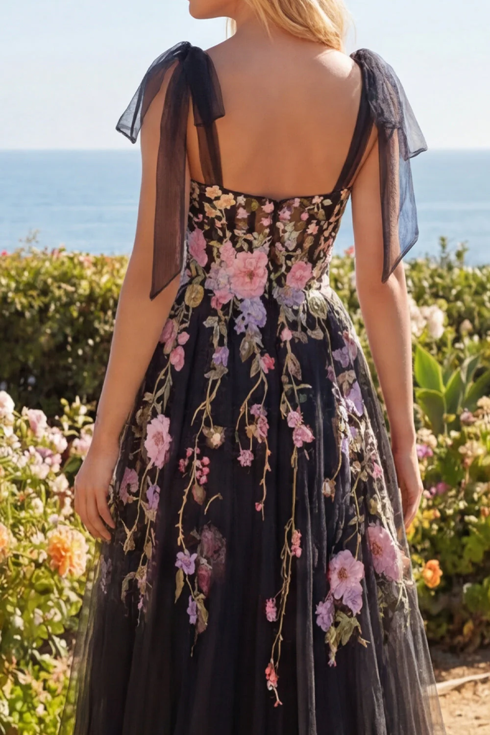 Black Pink Flower Tulle A-Line Embroidered Long Prom Dress with Slit - Image 4