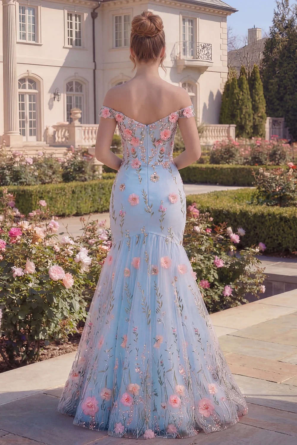 Tulle Blue Off the Shoulder Trumpet Floral Corset Appliqued Long Prom Dress with 3D Flowers - Image 2