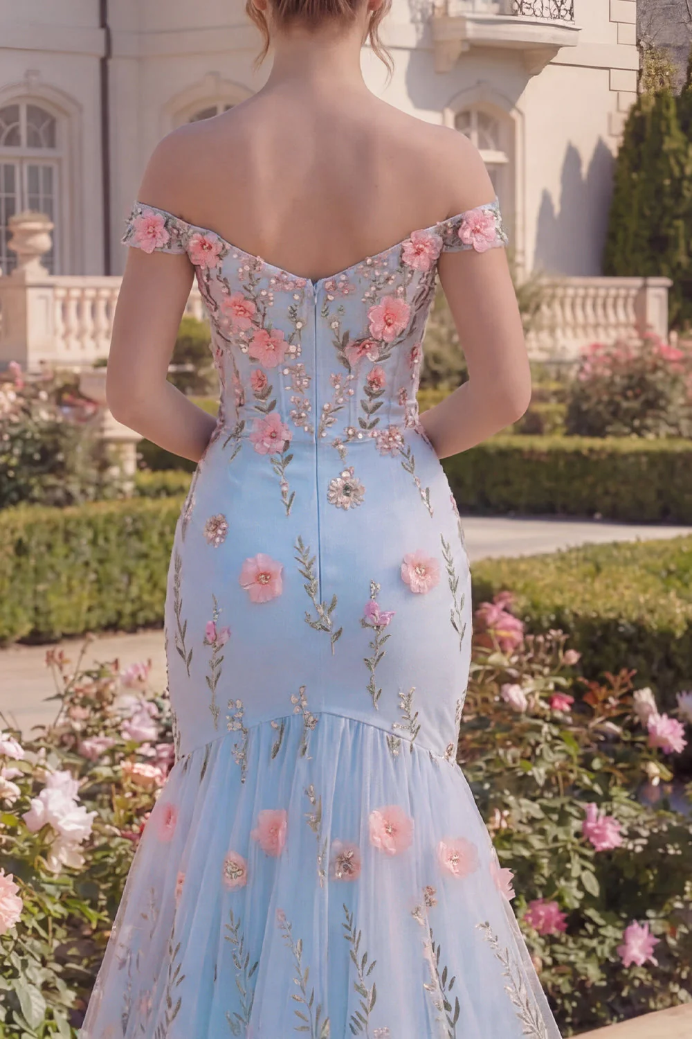 Tulle Blue Off the Shoulder Trumpet Floral Corset Appliqued Long Prom Dress with 3D Flowers - Image 4