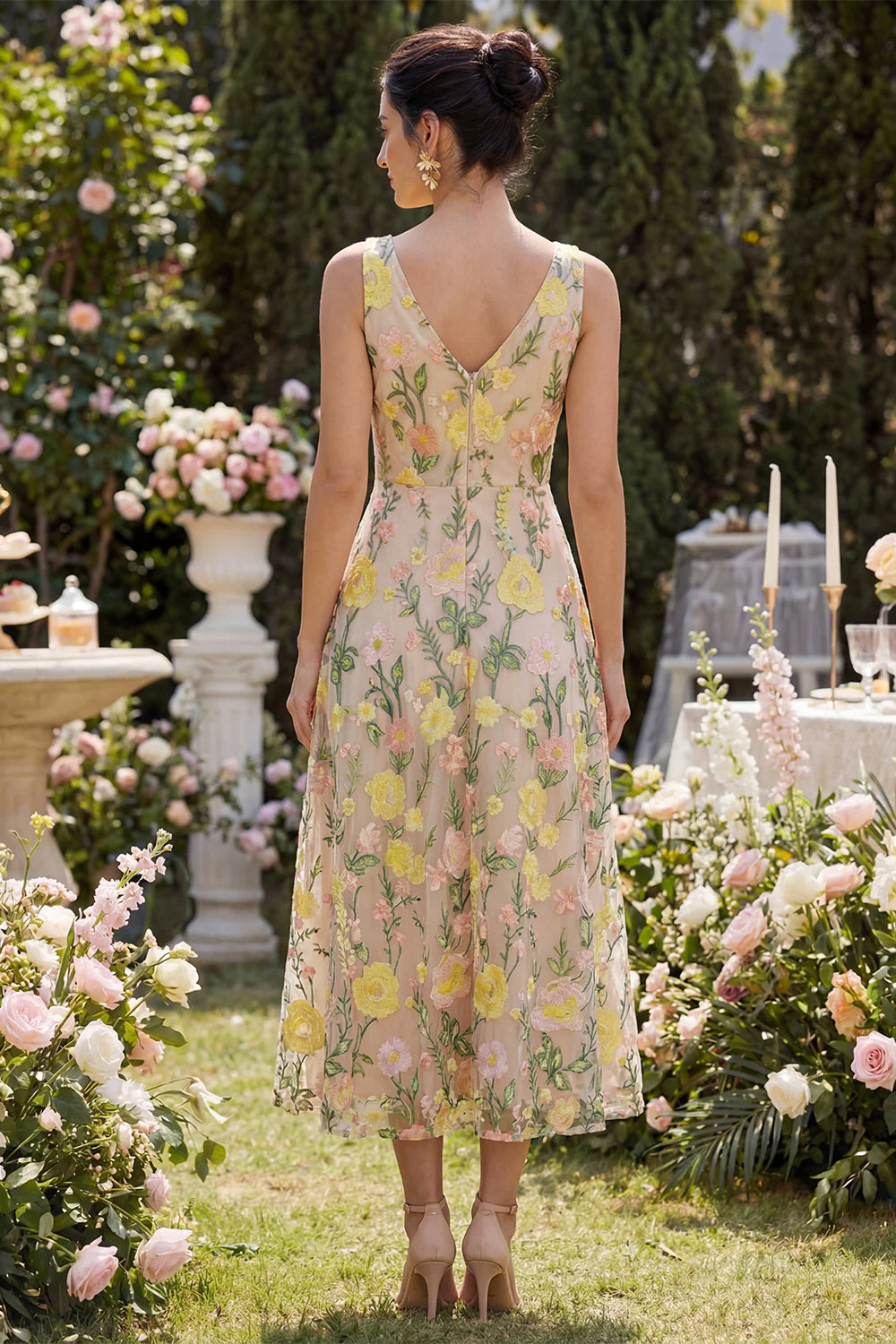Tulle Champagne A-Line Embroidered V-Neck Midi Floral Dress - Image 2