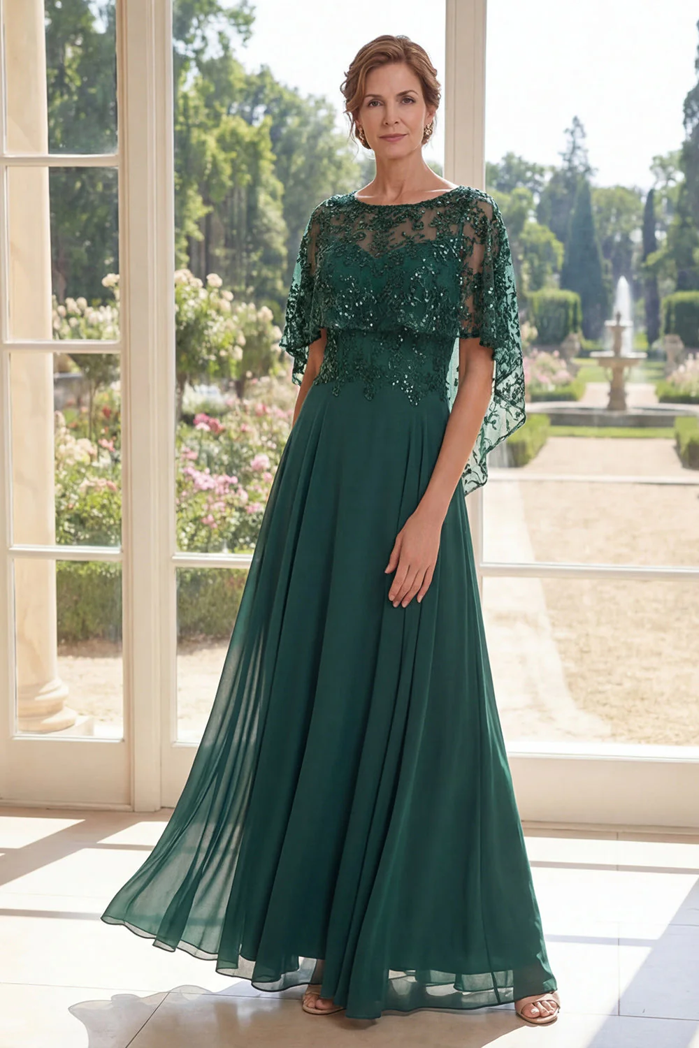 Dark Green A-Line Chiffon Long Mother Of the Bride Dress with Cape