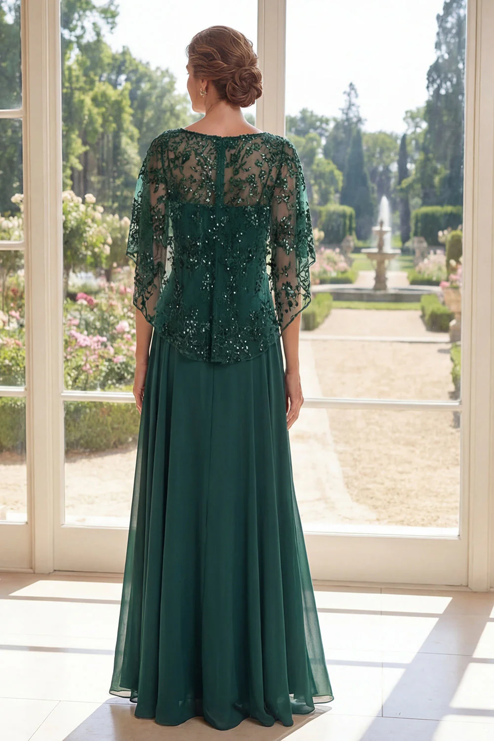Dark Green A-Line Chiffon Long Mother Of the Bride Dress with Cape - Image 2