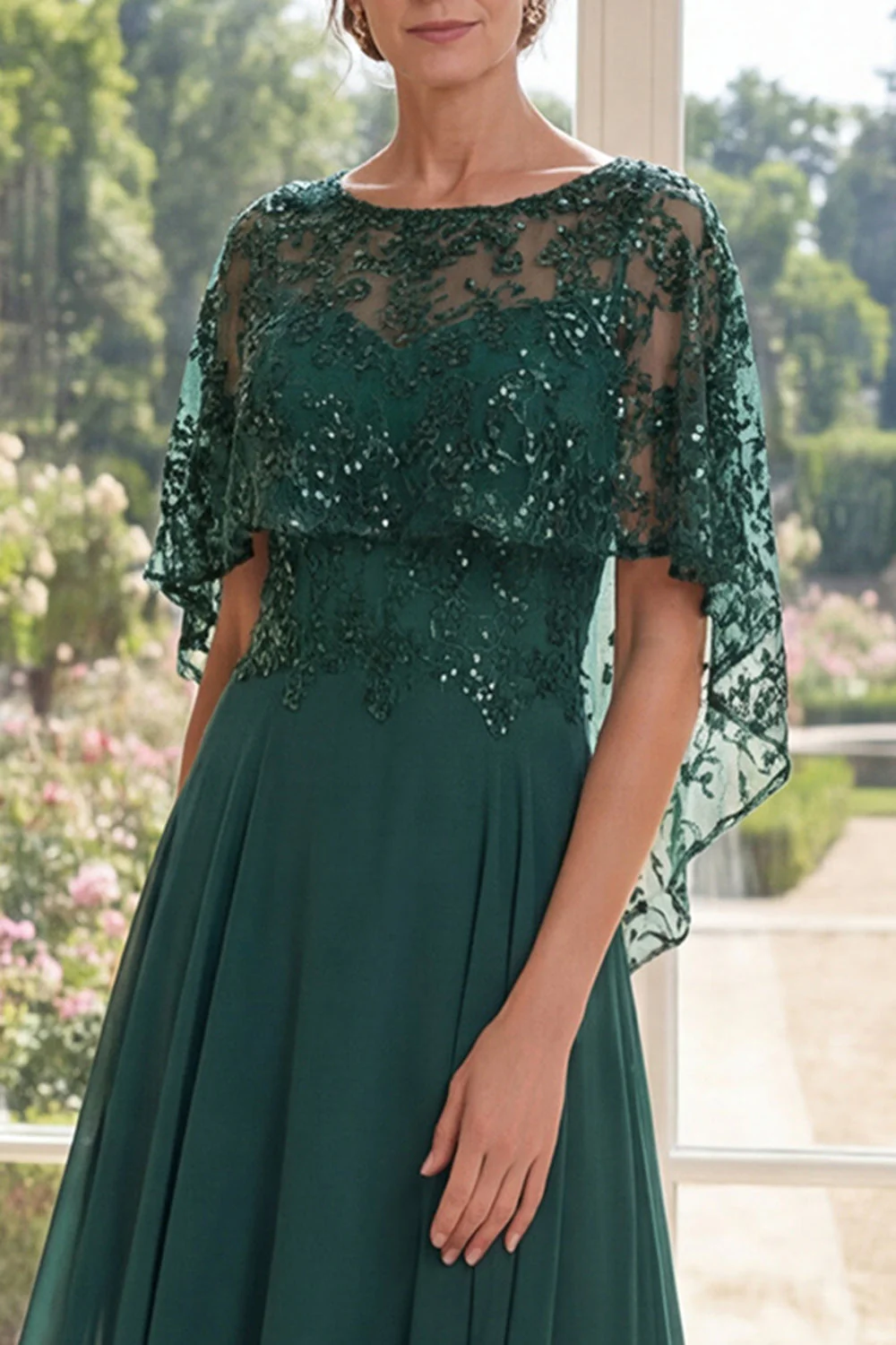 Dark Green A-Line Chiffon Long Mother Of the Bride Dress with Cape - Image 3