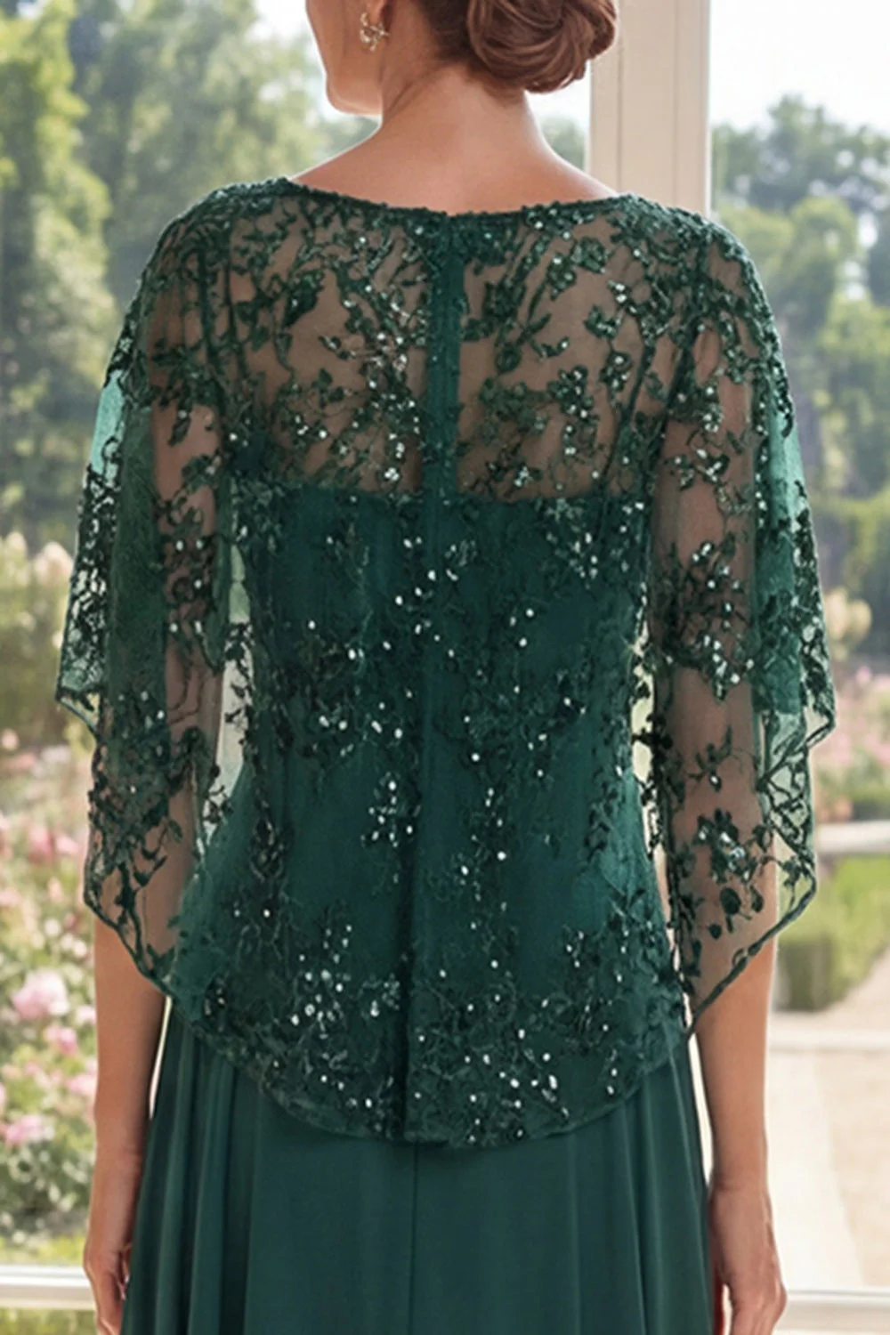 Dark Green A-Line Chiffon Long Mother Of the Bride Dress with Cape - Image 4