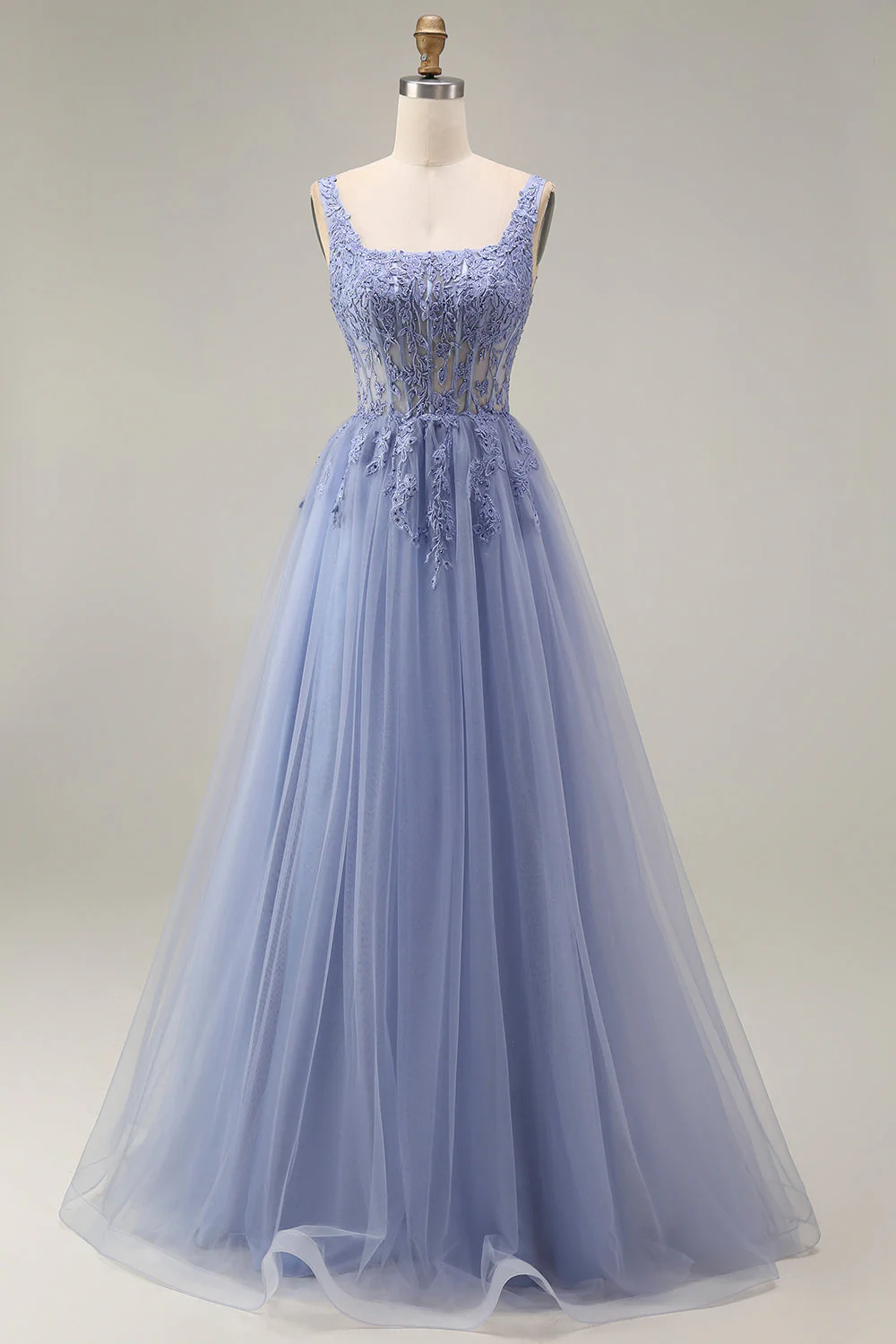 Dusty Lavender Corset A-Line Square Neck Tulle Long Prom Dress