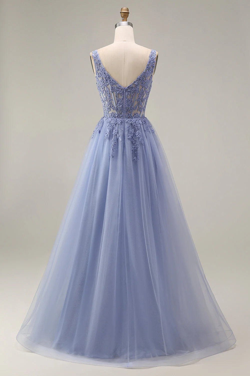 Dusty Lavender Corset A-Line Square Neck Tulle Long Prom Dress - Image 2