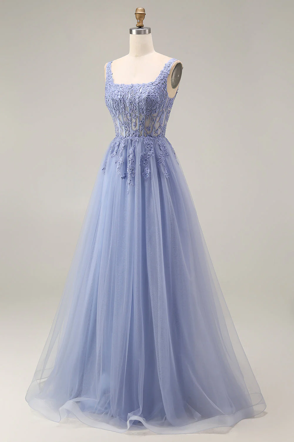 Dusty Lavender Corset A-Line Square Neck Tulle Long Prom Dress - Image 3