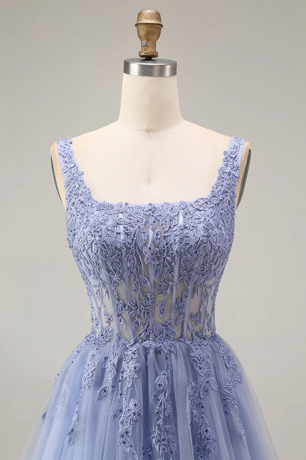 Dusty Lavender Corset A-Line Square Neck Tulle Long Prom Dress - Image 4