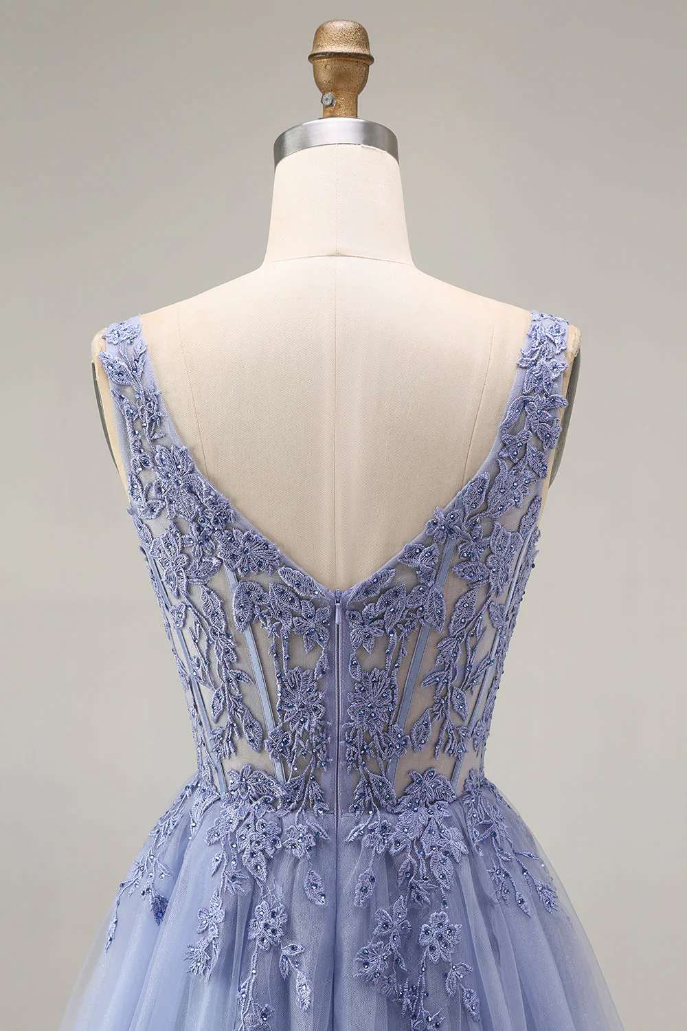 Dusty Lavender Corset A-Line Square Neck Tulle Long Prom Dress - Image 5