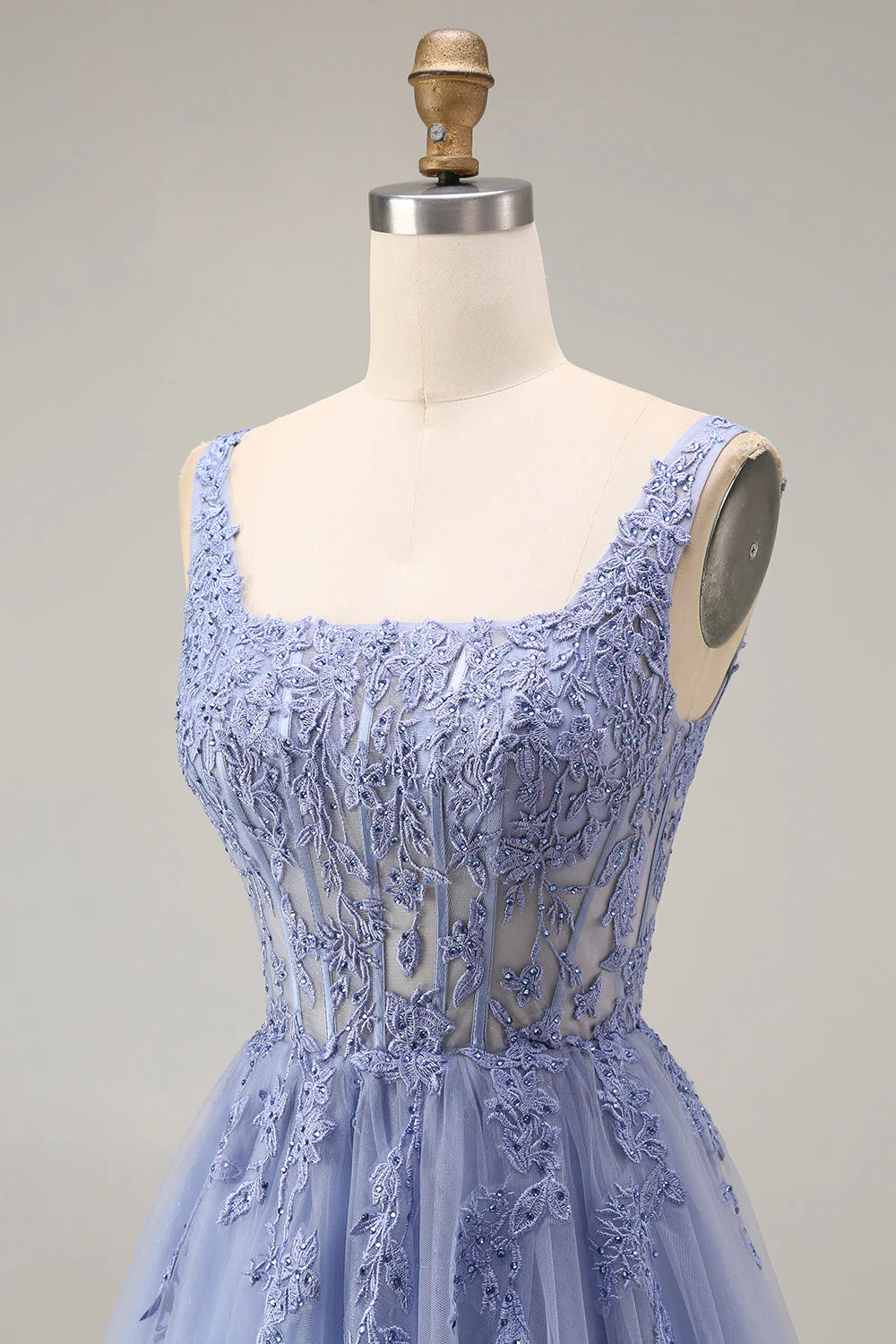 Dusty Lavender Corset A-Line Square Neck Tulle Long Prom Dress - Image 6