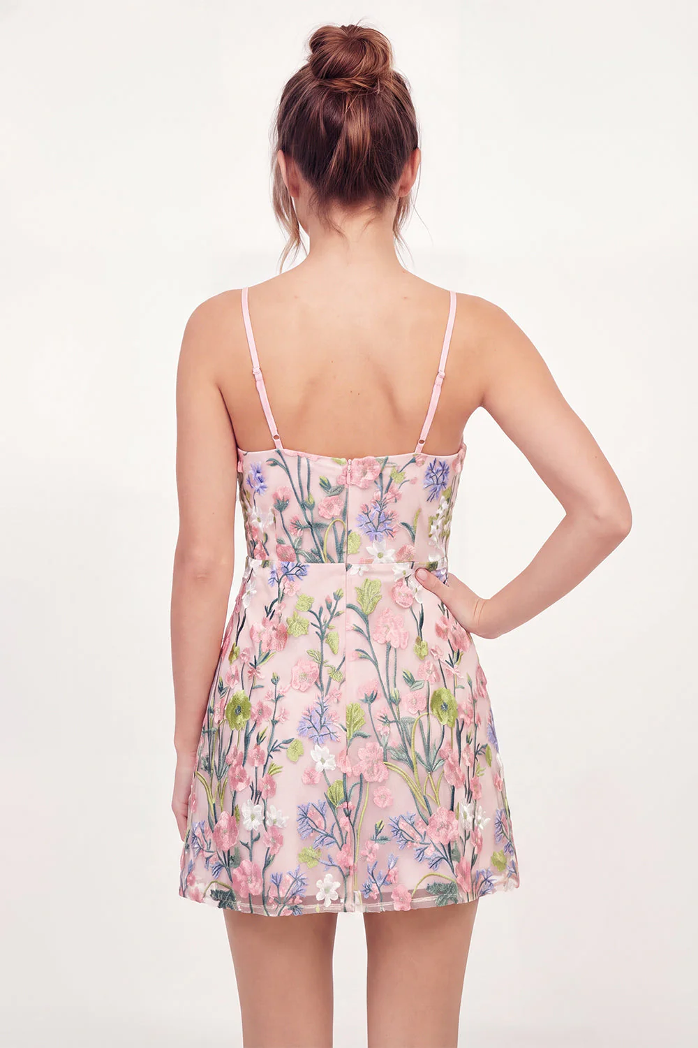 Floral Pink A-Line Embroidered Mini Graduation Dress - Image 2