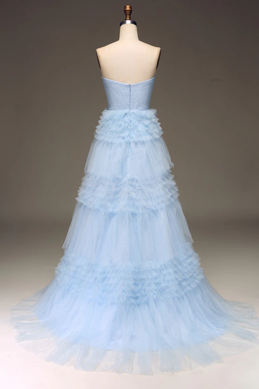 Tulle Light Blue Tiered Strapless Prom Dress with Slit - Image 2