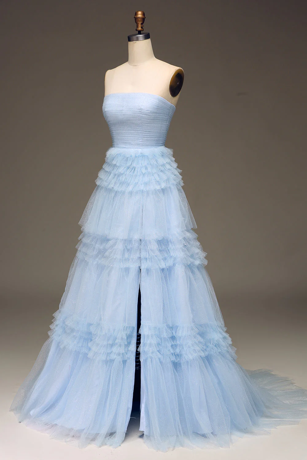 Tulle Light Blue Tiered Strapless Prom Dress with Slit - Image 3