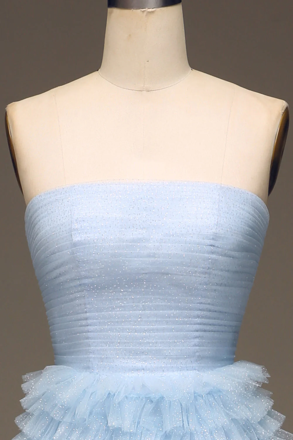 Tulle Light Blue Tiered Strapless Prom Dress with Slit - Image 4