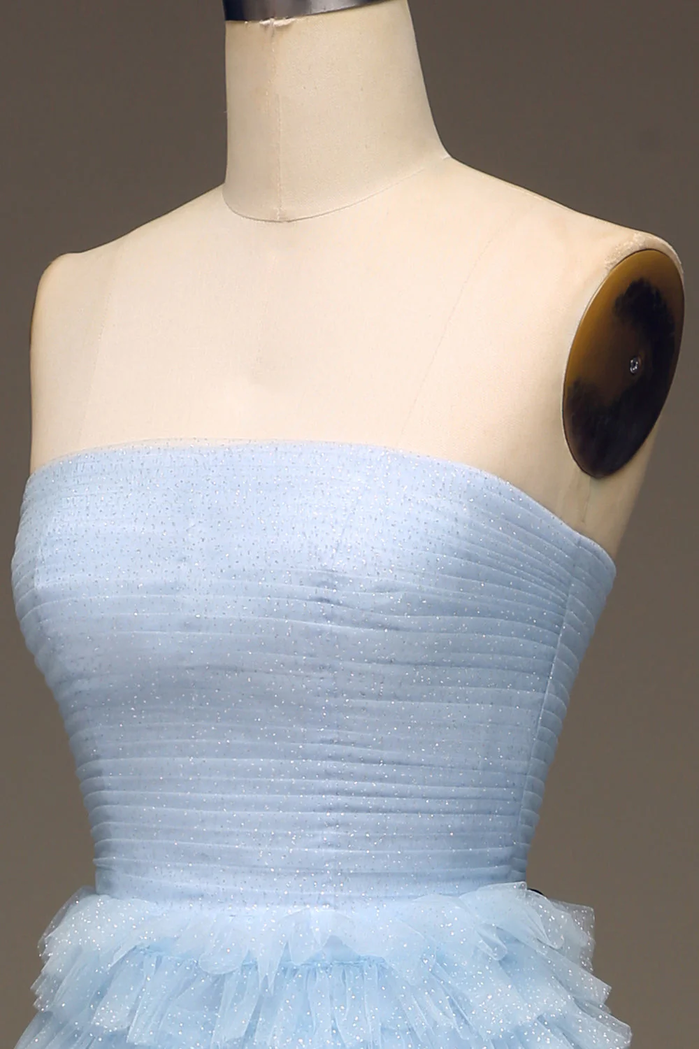 Tulle Light Blue Tiered Strapless Prom Dress with Slit - Image 6