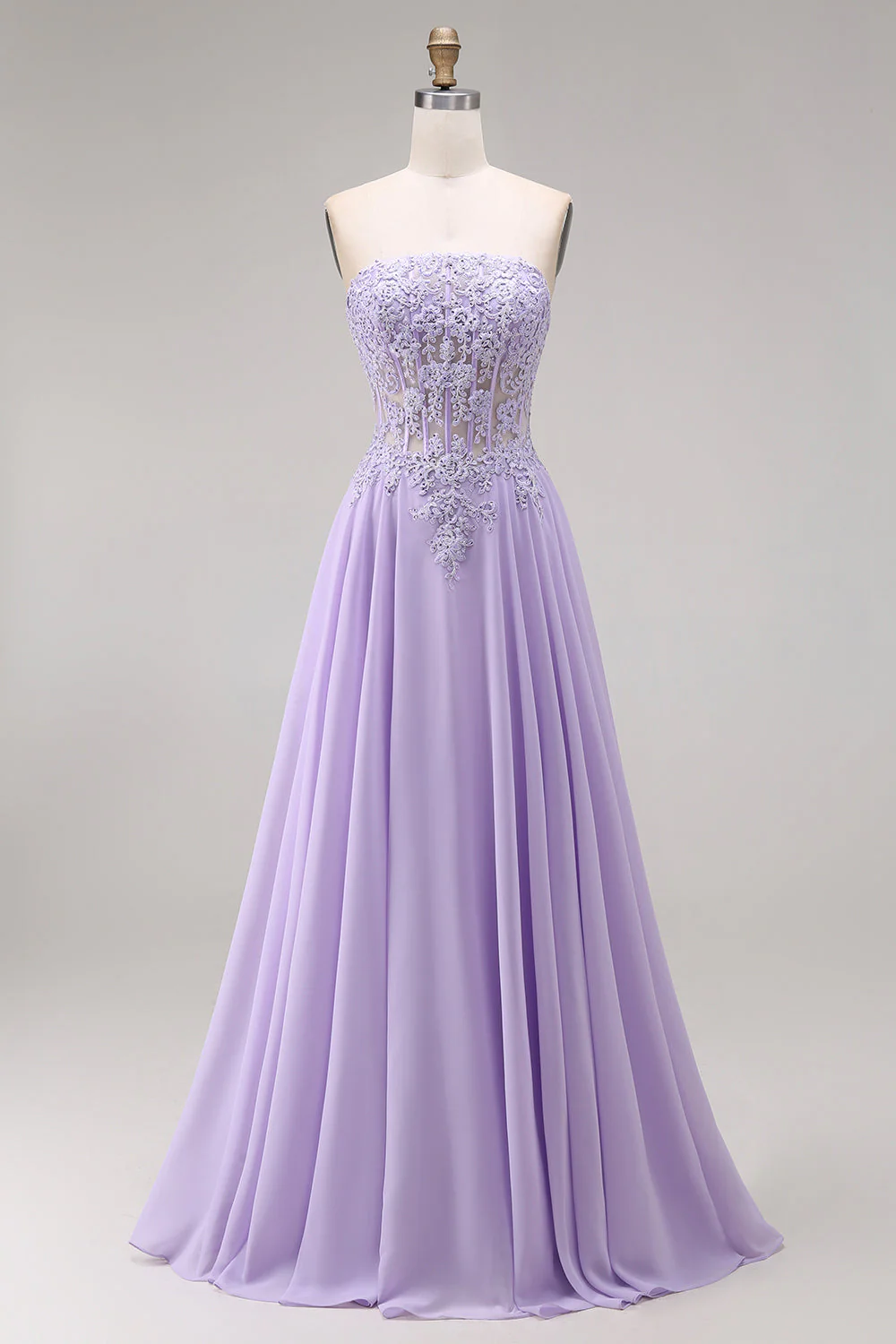 Strapless Lilac Corset A-Line Long Prom Dress with Lace Up Back