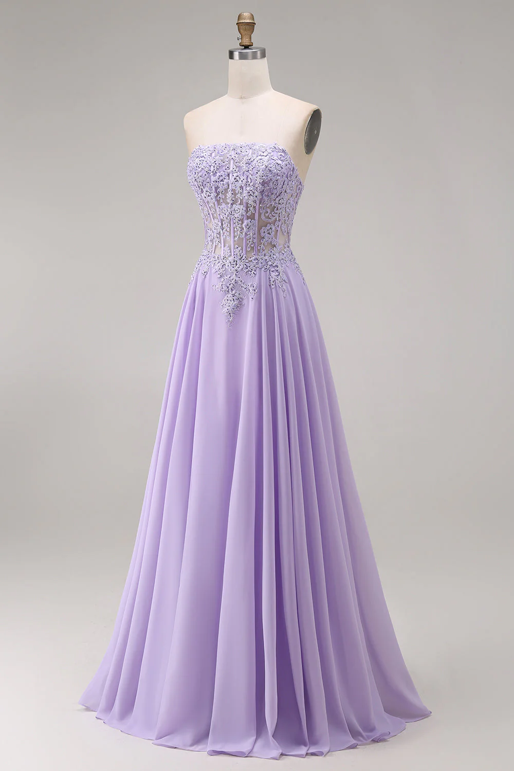 Strapless Lilac Corset A-Line Long Prom Dress with Lace Up Back - Image 3