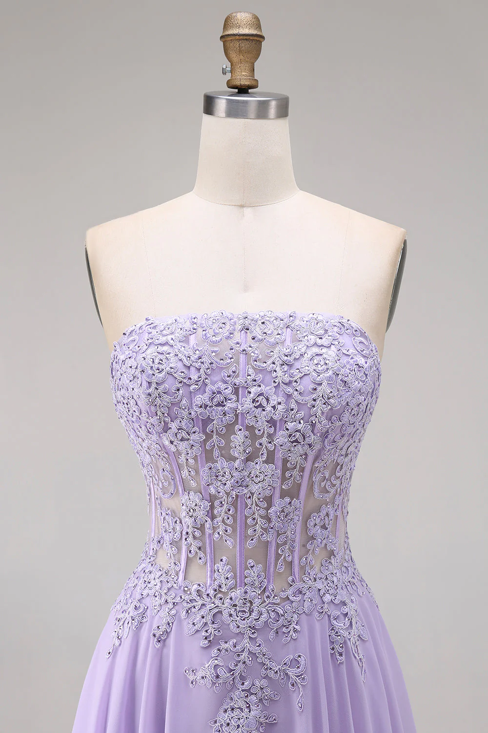 Strapless Lilac Corset A-Line Long Prom Dress with Lace Up Back - Image 4