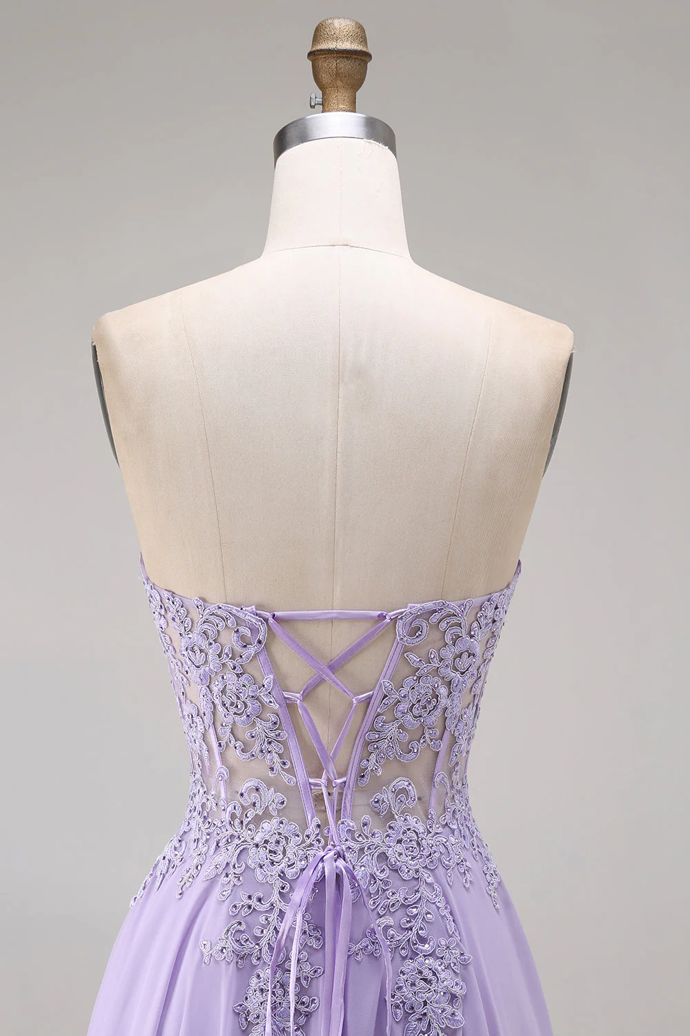 Strapless Lilac Corset A-Line Long Prom Dress with Lace Up Back - Image 5