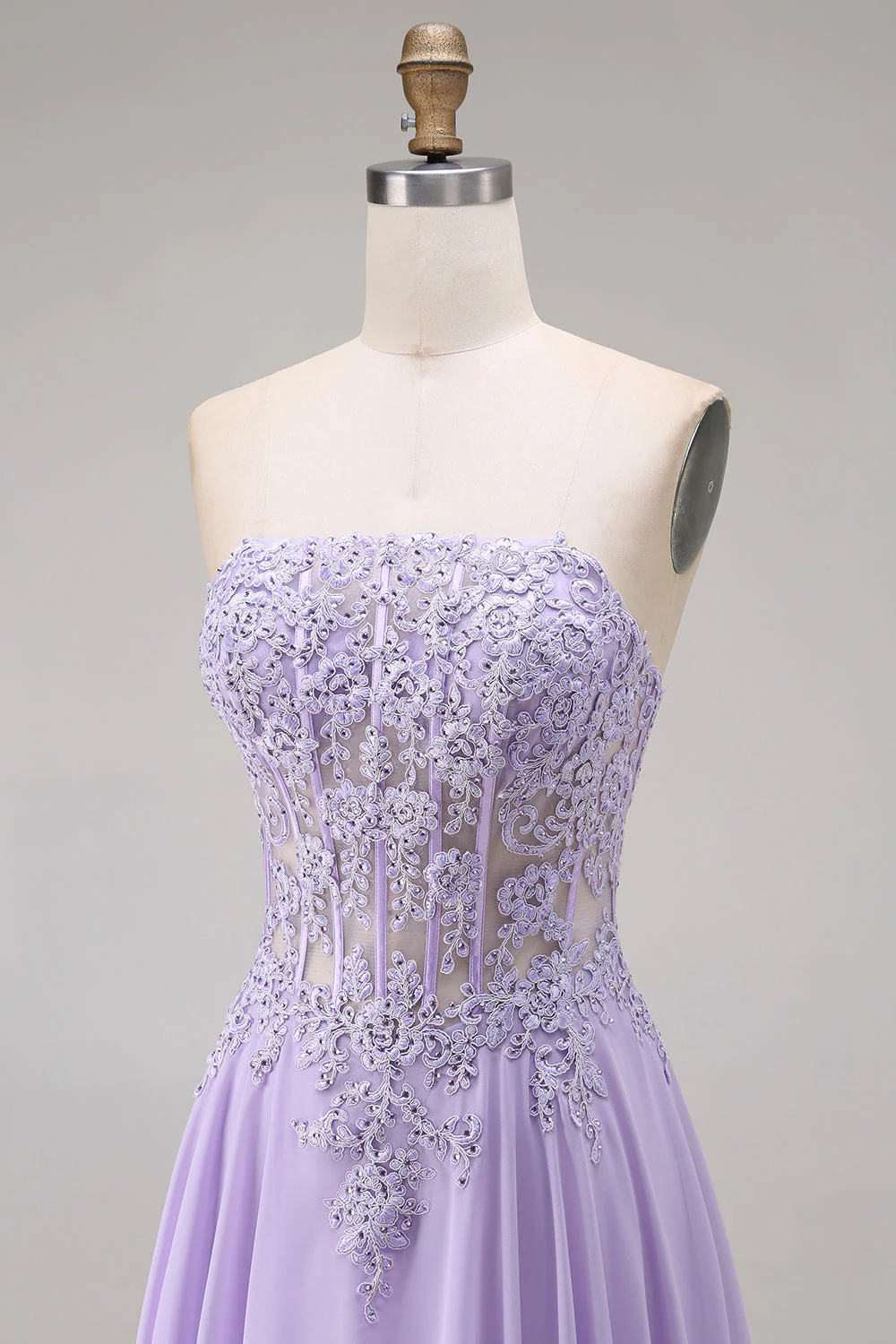 Strapless Lilac Corset A-Line Long Prom Dress with Lace Up Back - Image 6