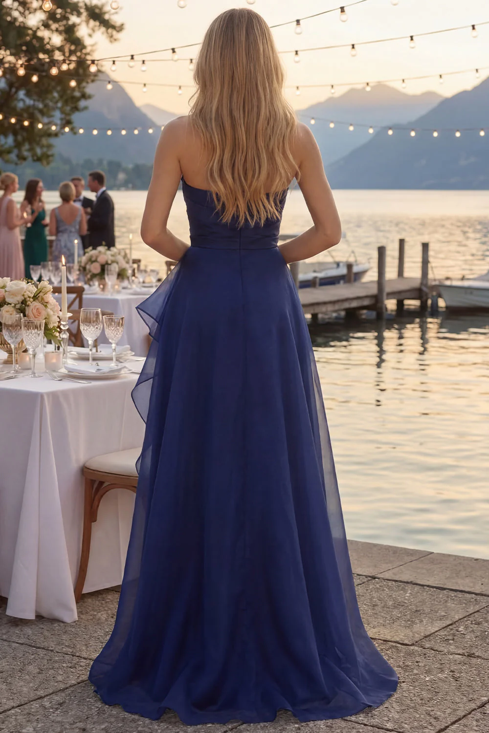Navy A-Line Strapless Ruched Long Prom Dress with Ruffle Slit - Image 2