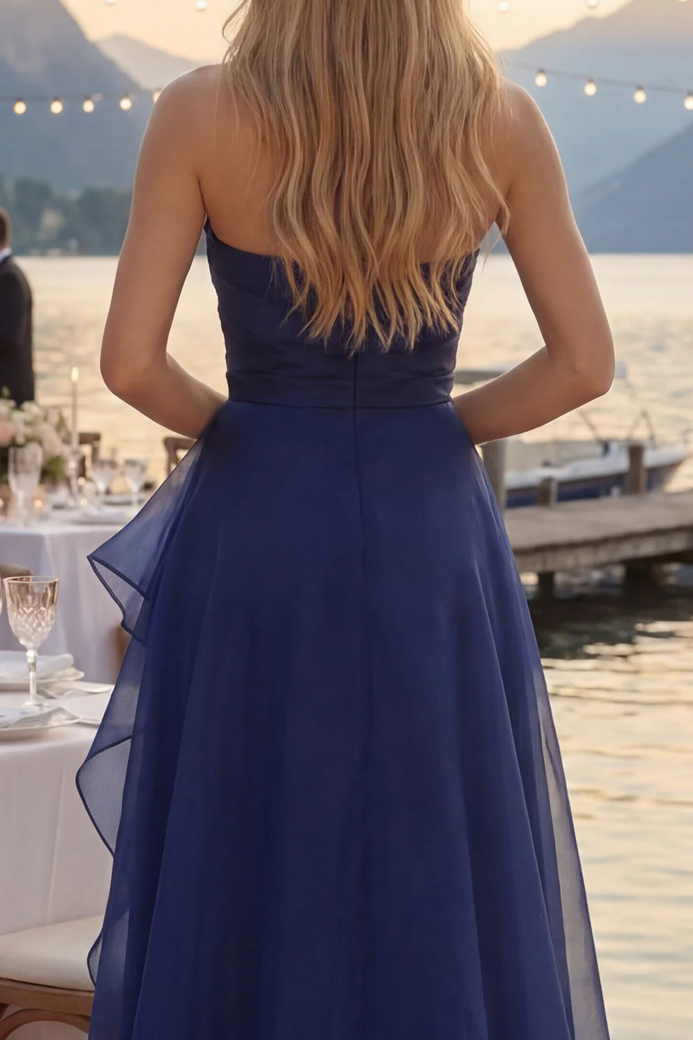 Navy A-Line Strapless Ruched Long Prom Dress with Ruffle Slit - Image 4